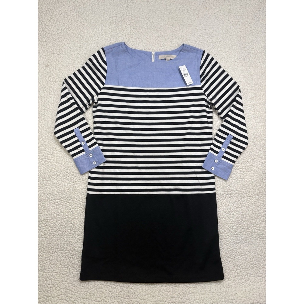 NWT Ann Taylor LOFT Striped Colorblock Shift Dress Size S Chambray Blue Office